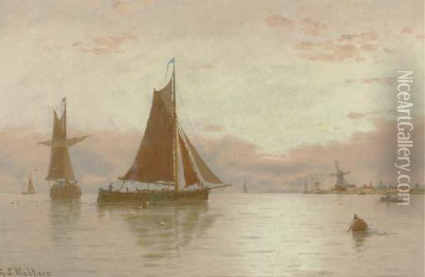 Shipping A Dutch Calm Oil Painting - George Stanfield Walters