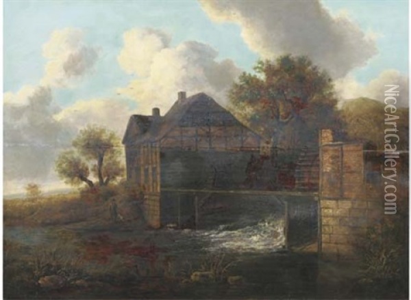 A Watermill With A Peasant And His Dog By A River Oil Painting - Allaert van Everdingen