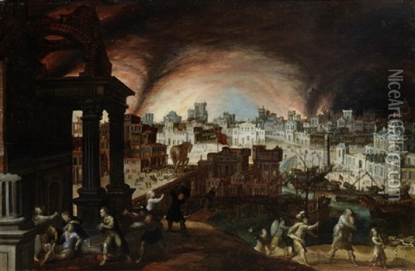The Fall Of Troy With Aeneas Carrying Anchises From The Burning City Oil Painting - Louis de Caullery