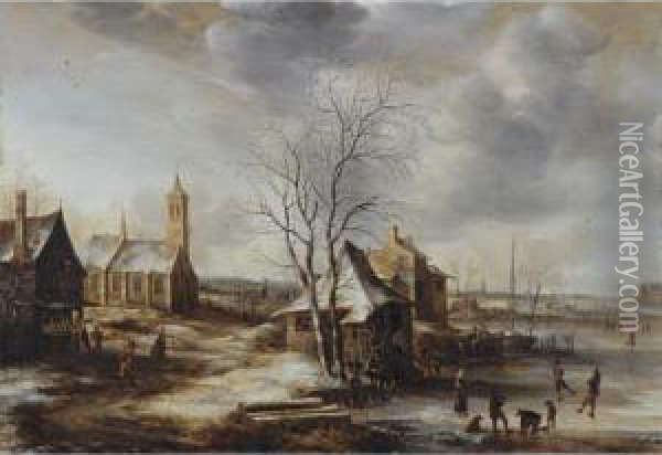 Sold By The J. Paul Getty Museum To Benefit Future Painting Acquisitions
 

 
 
 

 
 A Winter Landscape, Possibly Amerongen, With Skaters On A Frozen River And Figures Entering A Church To The Left Oil Painting - Jan Abrahamsz. Beerstraaten