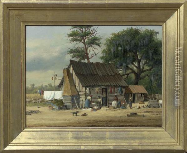 Lively Cabin Scene View Of A Family On Wash Day Oil Painting - William Aiken Walker