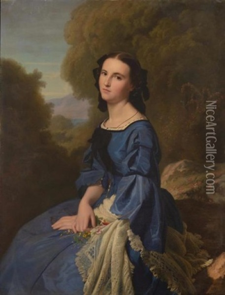 Jeune Fille A La Robe De Soie Bleue Oil Painting - Paul Jean Flandrin