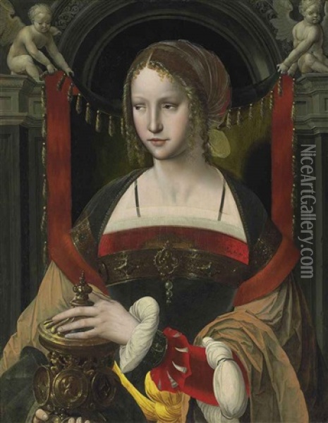Saint Mary Magdalene Before A Curtain Supported By Angels In An Architectural Niche Oil Painting -  Master of the Parrot