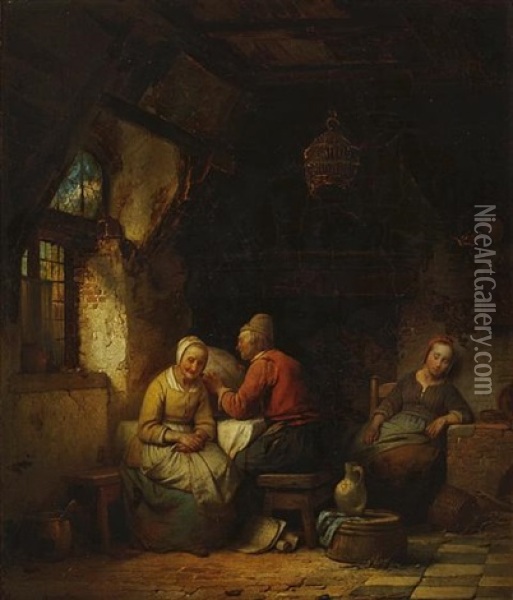 Peasants In An Interior Oil Painting - Ferdinand de Braekeleer the Elder