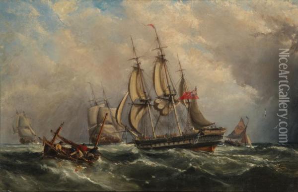 A Busy Shipping Scene Oil Painting - Ebenezer Colls