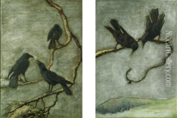 Birds Perched On Winter Branches (+ Another, Similar; Pair) Oil Painting - Maud Earl