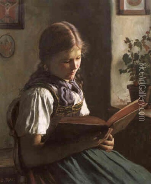 Lesendes Madchen In Tracht (ilse Lesend) Oil Painting - Emil Rau