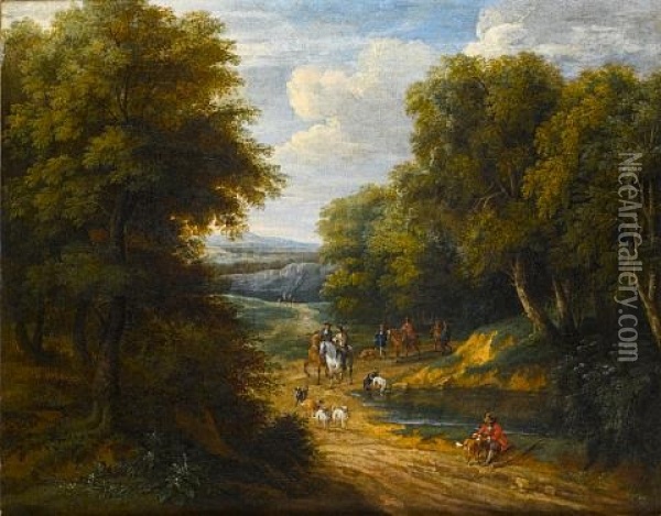 A Wooded Landscape With Elegant Figures On Horseback And Their Hounds On A County Path Oil Painting - Pieter Bout