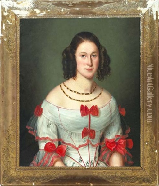 Portrait Of A Girl In A White Dress Adorned With Red Bows Oil Painting - Jean Joseph Vaudechamp