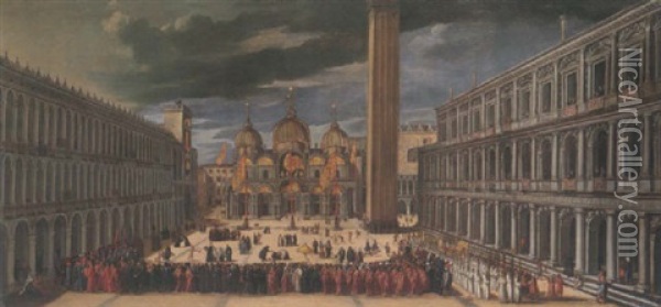 Venice, The Piazza San Marco With The Procession On The Feast Of Saint Mark Oil Painting - Joseph Heintz the Elder