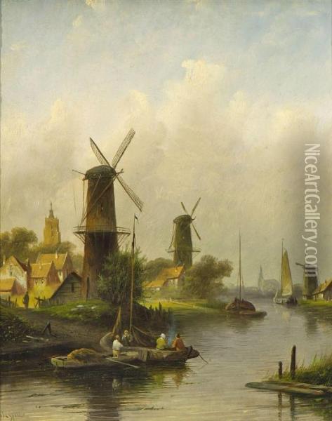 Hollandische Kanallandschaft Oil Painting - Jan Jacob Coenraad Spohler