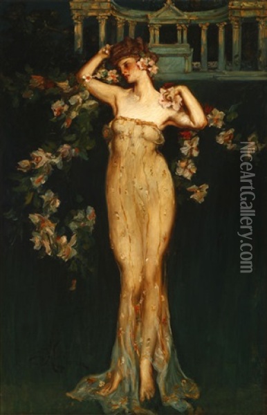 Flora, Belle Epoch Woman In Semi-transparent Gown Oil Painting - Albert Beck Wenzell