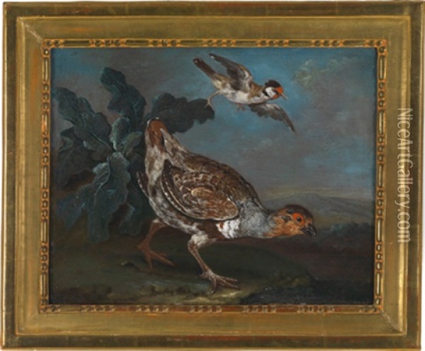 Ein Rebhuhn Mit Einer Feldlerche In Einer Weiten Landschaft Oil Painting - Philipp Ferdinand de Hamilton