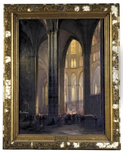 Interior Of Cologne Cathedral With A Ceremony In Progress (das Innere Des Kolner Doms Wahrend Eines Gottesdiensts) Oil Painting - Andreas Christian Ludwig Tacke