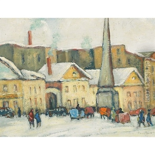 Horses And Sleighs At Rest In A City Square, Winter Oil Painting - Paul Archibald Octave Caron