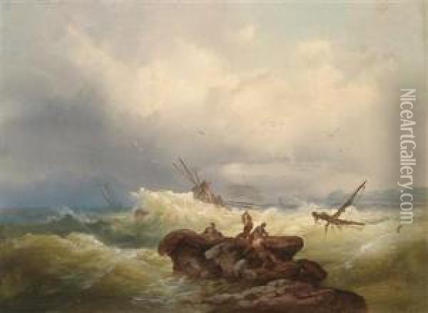 Rescued By The Rocks In Stormy Seas Oil Painting - Josef Carl Berthold Puttner