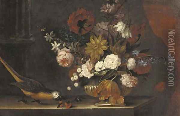 Roses, tulips, lilies and other flowers in a stone urn with a parrot on a ledge Oil Painting - Pieter Casteels III