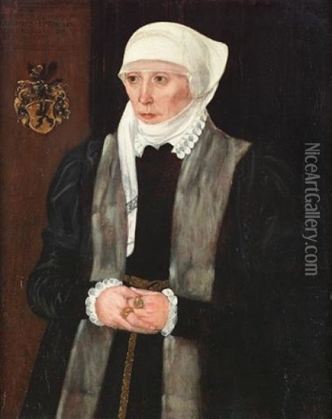 Portrait Of Dorothea Haffnerin, Three-quarter-length, In A Black Fur-trimmed Coat With A White Lace Cap And Ruff, Inscribed With A Coat-of-arms Oil Painting - Hans Mielich