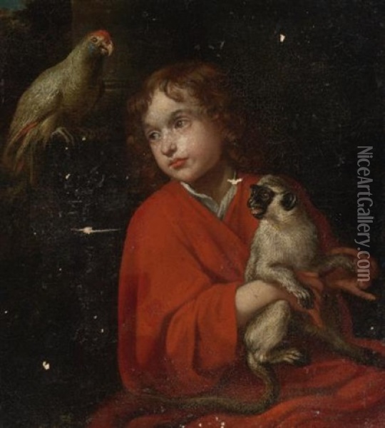 Parrot Watching A Boy Holding A Monkey Oil Painting - Jacob Oost the Elder