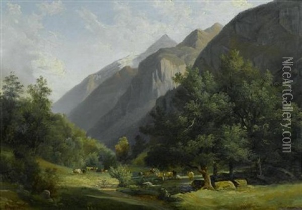 Paysage De La Vallee De Lauterbunnen (?) Avec Vaches Oil Painting - Francois Diday