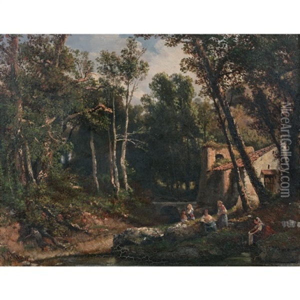 Lavandieres Dans Le Sous-bois Oil Painting - Giuseppe Palizzi