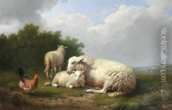 Sheep Sheltering With A Chicken Oil Painting - Eugene Verboeckhoven