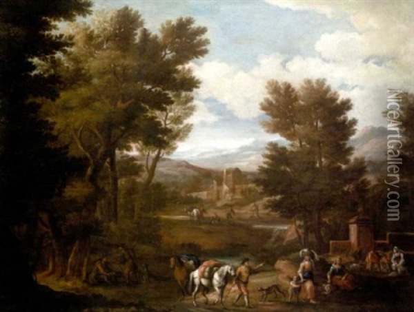 A Wooded Landscape With Travellers Passing Washerwomen In The Foreground, A Waterfall And Mountains Beyond Oil Painting - Christian Reder