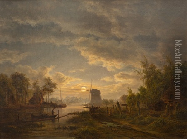 A Moonlit River Landscape With A Windmill Oil Painting - Jacobus Theodorus Abels