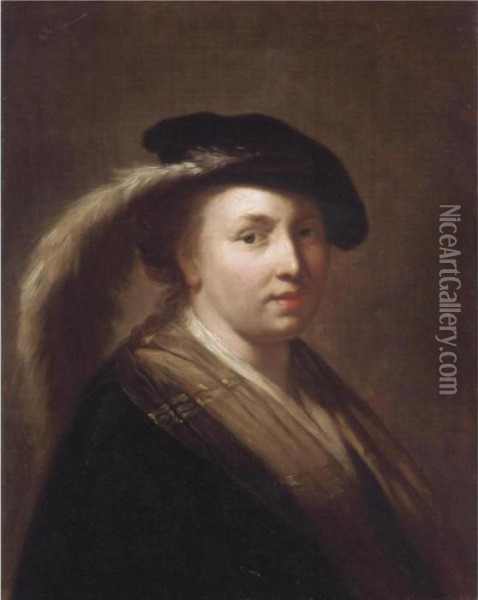 Portait Of A Young Lady, Head And Shoulders, Wearing A Feathered Cap Oil Painting - Rembrandt Van Rijn