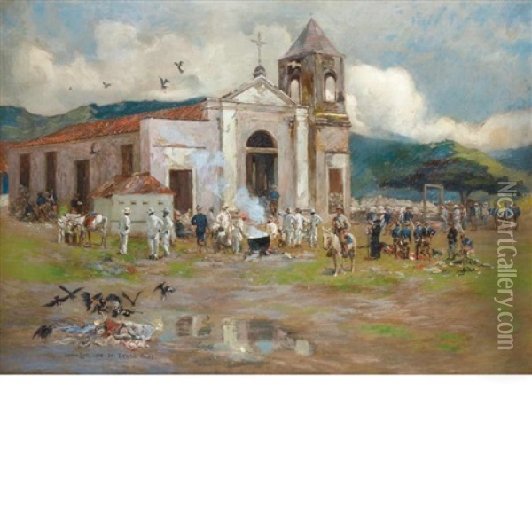 At The Church Of San Luis After The Firing Ceased At The Battle Of El Caney, July 1 Oil Painting - Lyell E. Carr