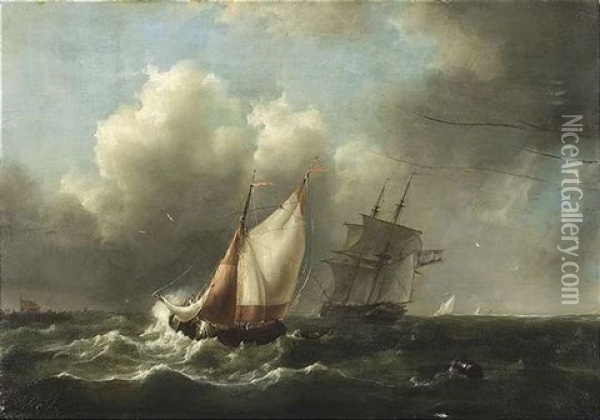 Segelschiffe Unter Bewolktem Himmel In Aufgewuhlter See Oil Painting - Johannes Christiaan Schotel