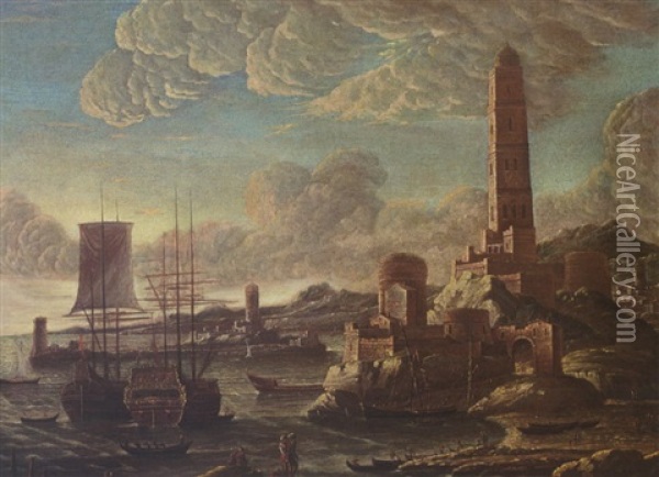 A Mediterranean Harbour Scene At Sunset With Sailing Vessels Moored And Figures Unloading Boats, A Firehouse And A Town Nearby Oil Painting - Orazio Grevenbroeck