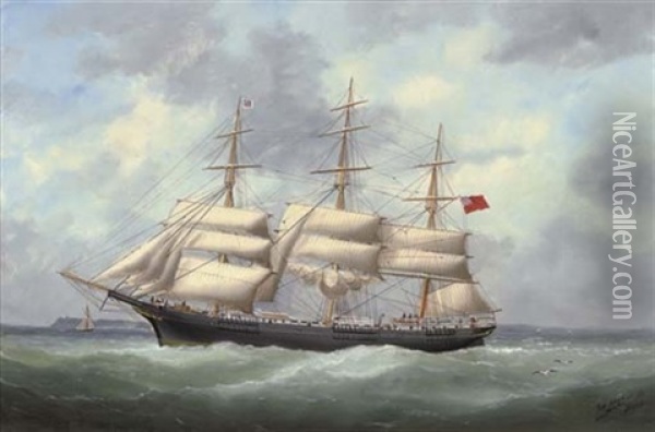 The Full-rigger "austriana" Reducing Sail And Calling For A Pilot Oil Painting - Edouard Adam