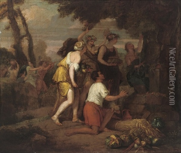 Classical Figures Leaving An Offering Of Fruit Oil Painting - Nicolas Poussin