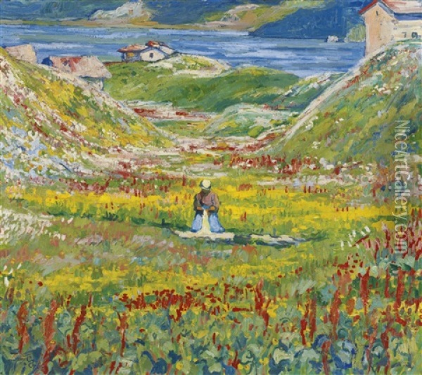 Buhende Wiesen Bei Maloja/valle Fiorita Oil Painting - Giovanni Giacometti