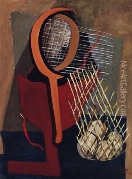 Stil-life With Tennis Racket Oil Painting - Lajos (Ludwig) Tihanyi