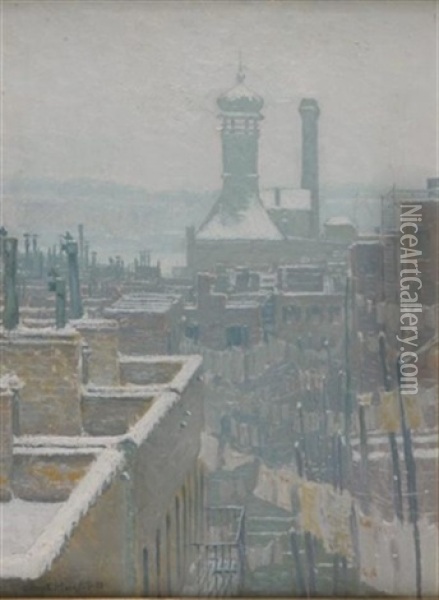 New York Rooftops In Winter Oil Painting - George F. Muendel