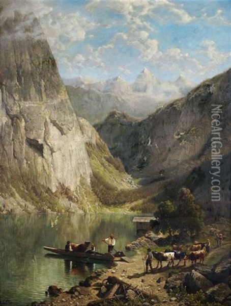 Viehtrieb Am Hochgebirgssee Oil Painting - Theodor (Wilhelm T.) Nocken