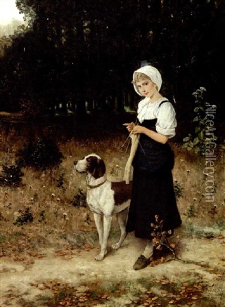 Pige Og Hund Pa En Skovsti Oil Painting - Hubert Salentin