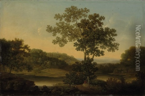 An Extensive Wooded River Landscape, With Figures Resting Beside A Track In The Foreground Oil Painting - James Lambert the Elder