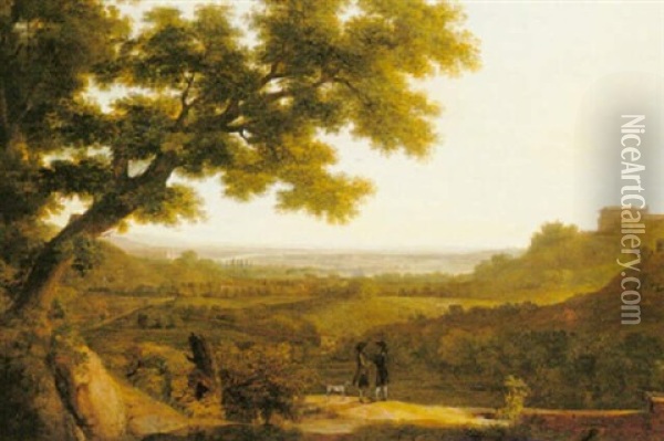 Landscape With Gentlemen In Teh Foreground, View Of Rome Beyond Oil Painting - Solomon Delane