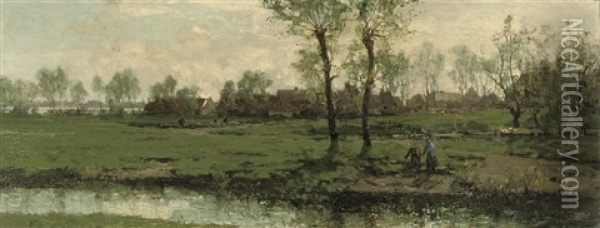 De Twee Boomen Aan De Oude Werf: On The Riverside Oil Painting - Johan Hendrik van Mastenbroek