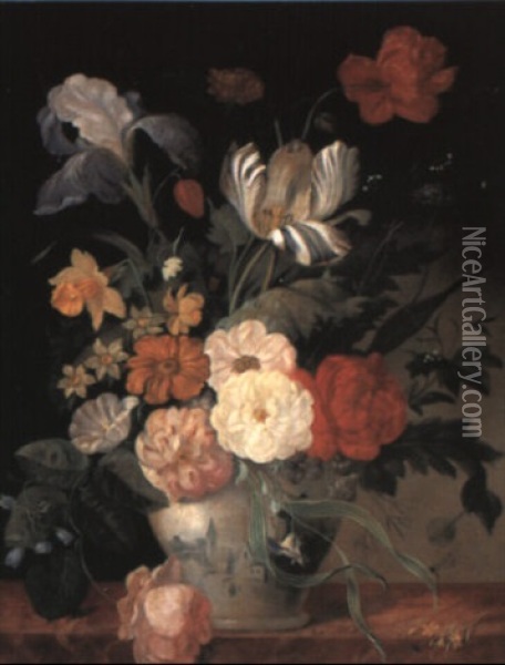 Stilleben Mit Blumen In Einer Bemalten Keramikvase Oil Painting - Georges Frederic Ziesel