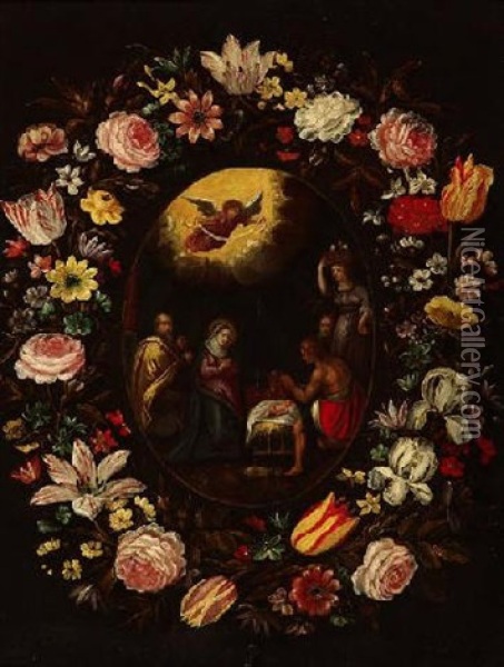 Anbetung Der Hirten In Einem Blumenkranz Oil Painting - Daniel Seghers