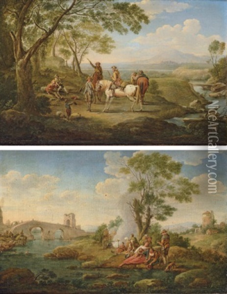 A River Landscape With Huntsmen Resting By A Stream (+ A River Landscape With Pilgrims Resting By A Stream; Pair) Oil Painting - Hendrick Frans van Lint