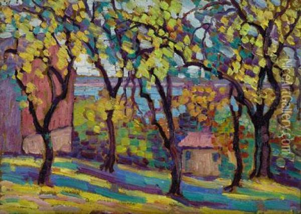 Houses Along The River Oil Painting - Maude Drein Bryant