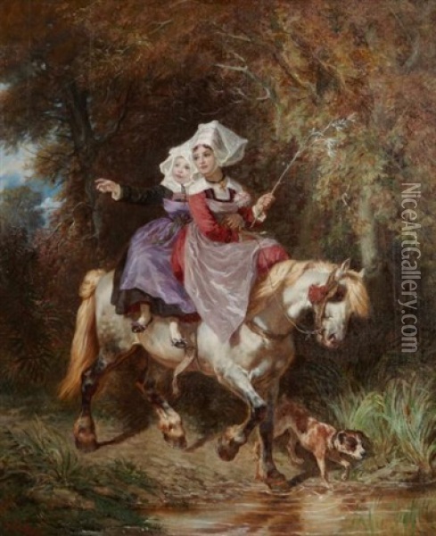 Deux Jeunes Filles Sur Un Poney Oil Painting - Francois Hippolyte Lalaisse