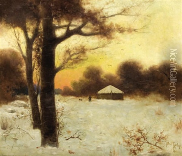 Winter Cottage Oil Painting - Yuliy Yulevich (Julius) Klever