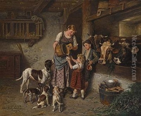 Im Kuhstall Oil Painting - Adolf Eberle