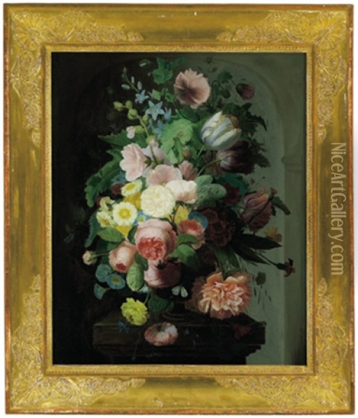 Blumenstilleben Mit Rosen, Mohnblumen, Lilien, Pfingstrosen Und Anderen Bluten Oil Painting - Augustin Alexandre Thierriat De Lyon